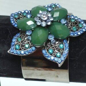 Vintage Gun Metal Green Blue Rhinestone Flower Cuff Bracelet Boho Retro Jewelry